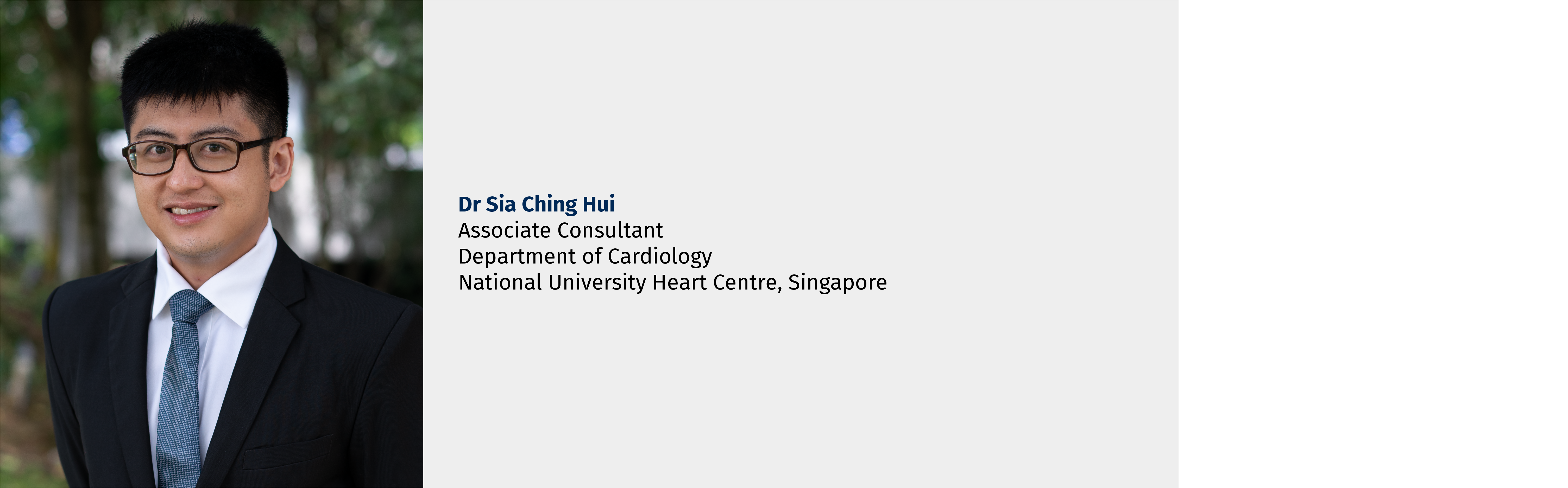 Portrait of a man in suit and glasses; text lists Dr Sia Ching Hui, cardiology consultant, Singapore.